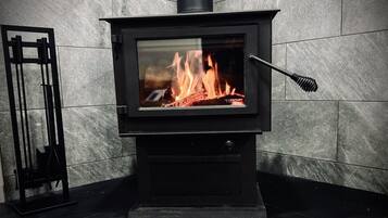 A black wood-burning stove with a glass front, a chimney, and a metal fire screen.