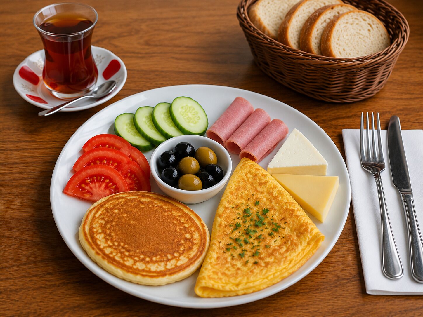 A breakfast plate with pancakes, an omelette, cheese, ham, tomatoes, cucumbers, olives, and a cup of tea.