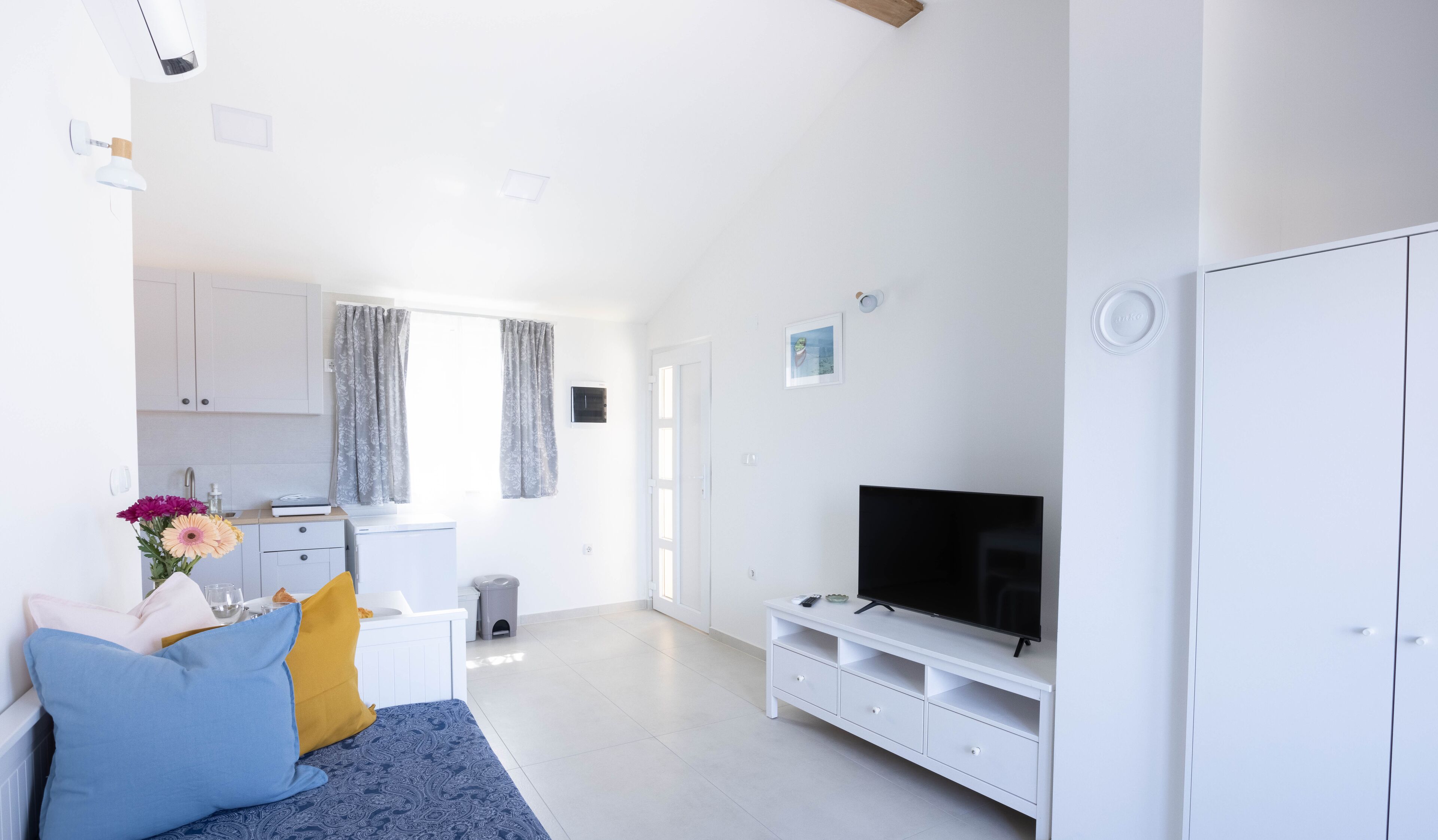A modern, well-lit living room with a sofa, TV, and a small kitchen area with cabinets and a sink.
