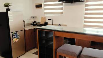 Fridge, stovetop, cookware/dishes/utensils