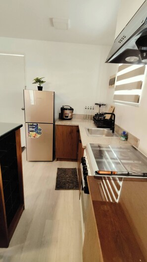 Frigorífic, placa de cuina i utensilis de cuina, vaixella i coberteria