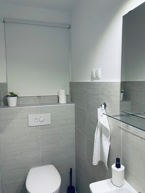 Dusche, Haartrockner, Handtücher, Seife