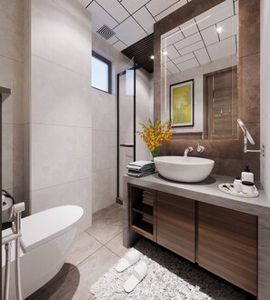 Deluxe Double or Twin Room, Hill View | Bathroom | Shower, rainfall showerhead, designer toiletries, hair dryer