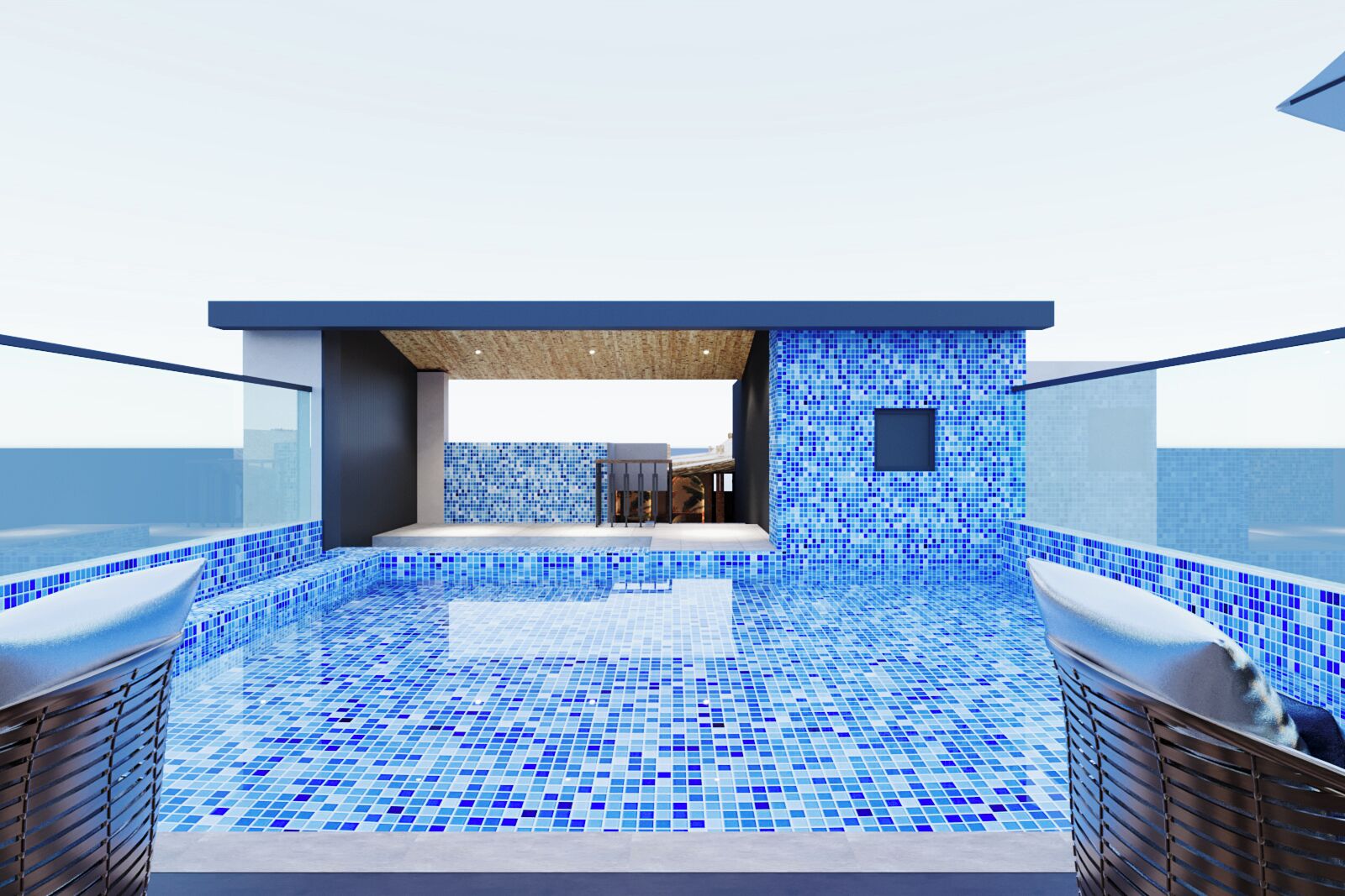 A rooftop infinity pool with blue mosaic tiles, a wooden ceiling, and a view of the city skyline.