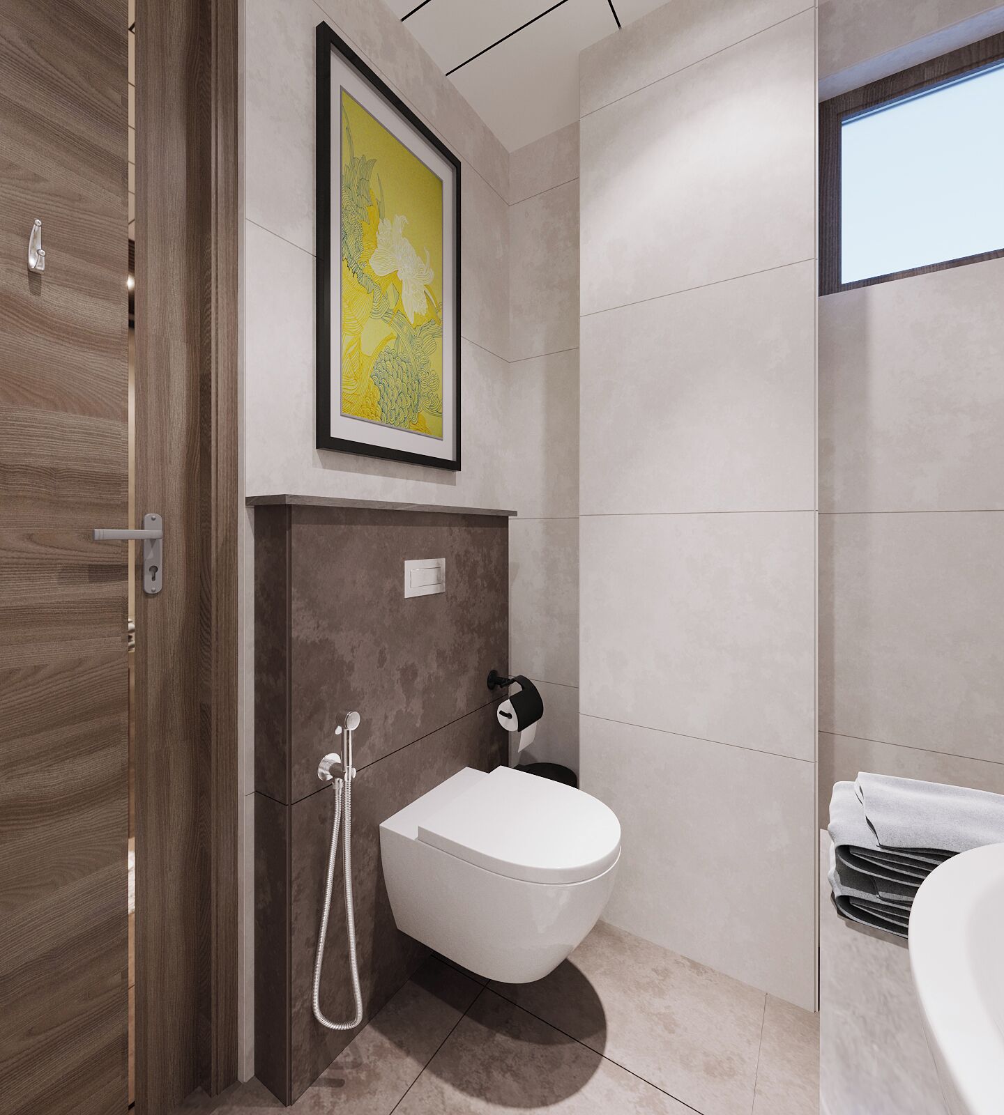 Un baño moderno con puerta de madera, una obra de arte enmarcada, un inodoro y una ducha.