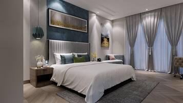 Quarto casal superluxo, vista para a montanha | Cortinas blackout, ferros/tábuas de passar roupa, Wi-Fi de cortesia