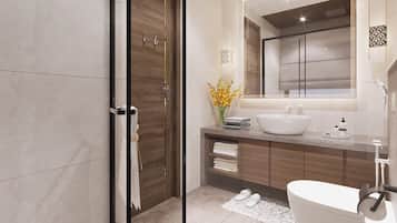 Luxury Studio Suite, Mountain View | Bathroom | Shower, rainfall showerhead, designer toiletries, hair dryer