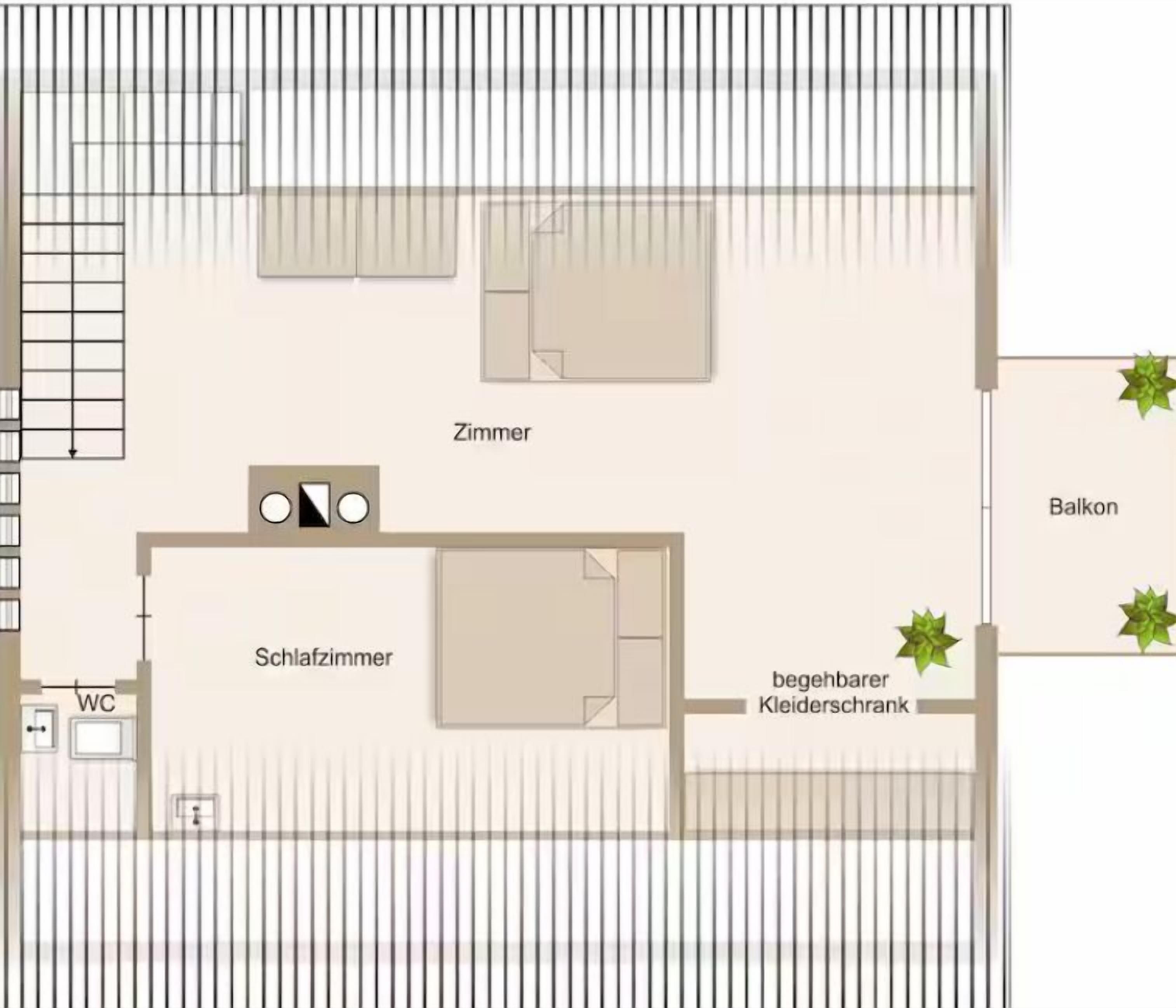 A floor plan of a hotel room with a balcony, a bathroom, a kitchen, and a living area.