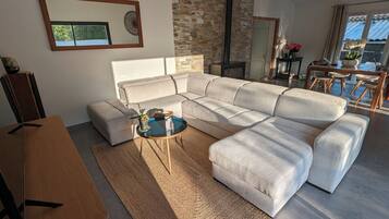 TV connectée, cheminée, livres, chaßne hi-fi