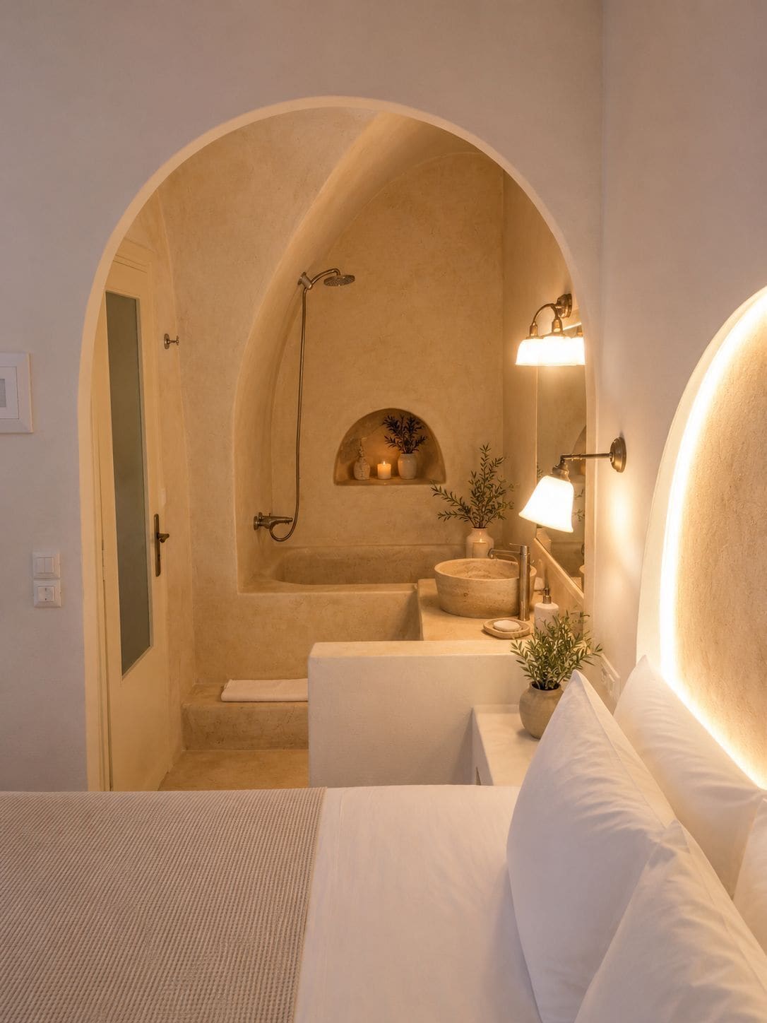 A room with a bathtub, a sink, a mirror, and a bed.
