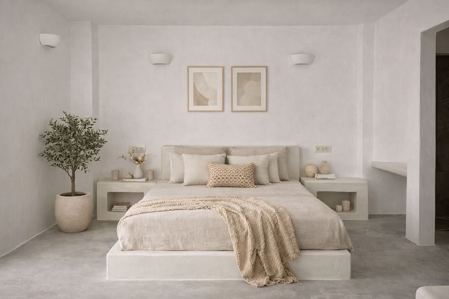 Un dormitorio minimalista con cama, mesitas de noche, una planta en maceta e iluminación montada en la pared.