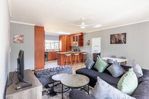 Una sala moderna con un sofá gris, una mesa de centro redonda y un televisor. Hay una zona de cocina con armarios de madera y un taburete de bar.