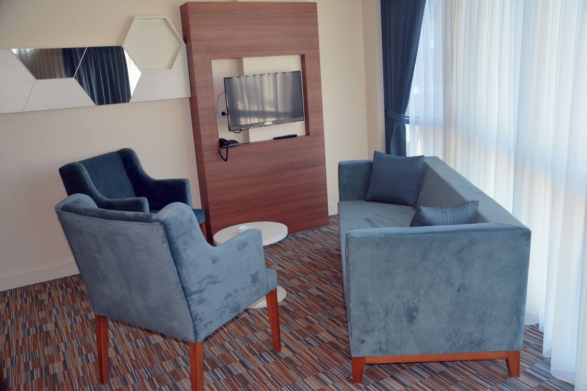 Ein modernes Hotelzimmer mit Sofa, Ohrensessel und einem flachbildfernseher, der an einer Holzplatte angebracht ist.