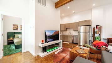 Télévision, cheminée, espaces bureaux