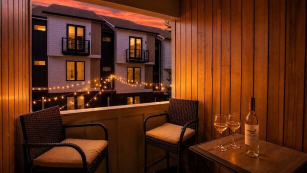 Un balcon avec des fauteuils en osier, une table avec des verres à vin et une bouteille, et des guirlandes lumineuses.