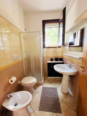 Dusche, Haartrockner, Bidet, Handtücher