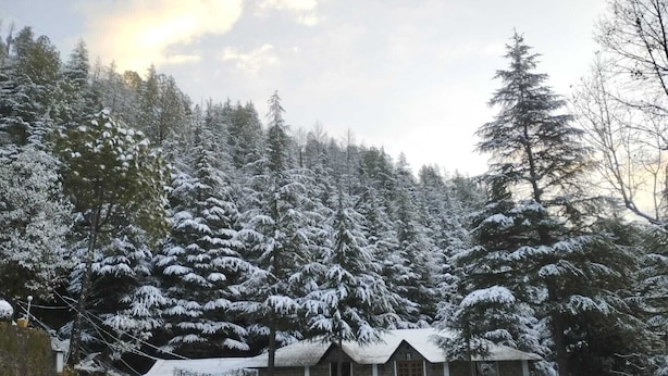 Eine Lodge, umgeben von schneebedeckten Bäumen, mit einem zentralen runden Wasserspiel und einem Gebäude aus Stein mit geneigtem Dach.
