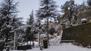 Ein verschneiter Pfad mit Bäumen und einer Steinmauer.