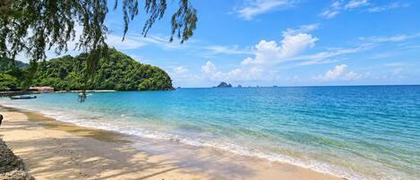 A beach with clear turquoise water, sandy shore, and a forested hill in the background.