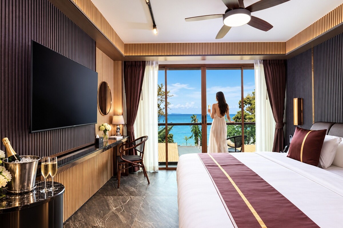 Habitación de hotel con una cama grande, un escritorio con televisor, un balcón con vista al mar y un ventilador de techo.