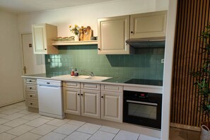 Een koelkast, een oven, een kookplaat, een koffiezetapparaat/waterkoker