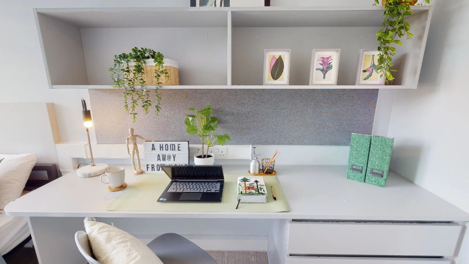 Een moderne werkplek met een bureau, laptop en decoratieve items, zoals planten en ingelijste foto's.