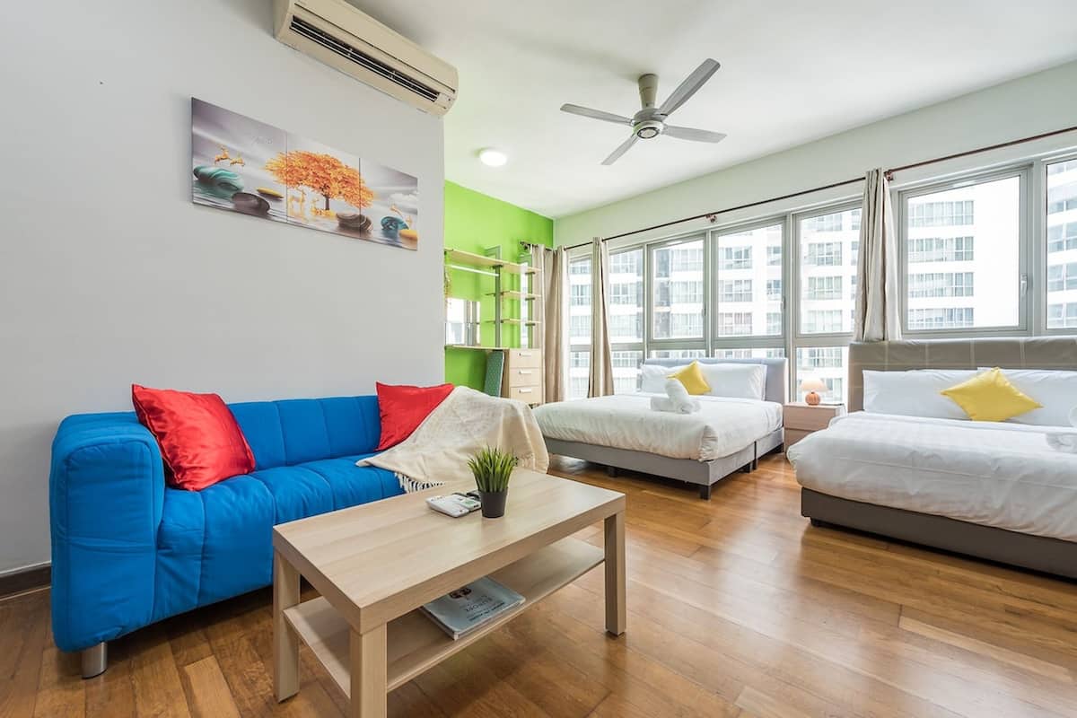 Desk, laptop workspace, free WiFi, bed sheets