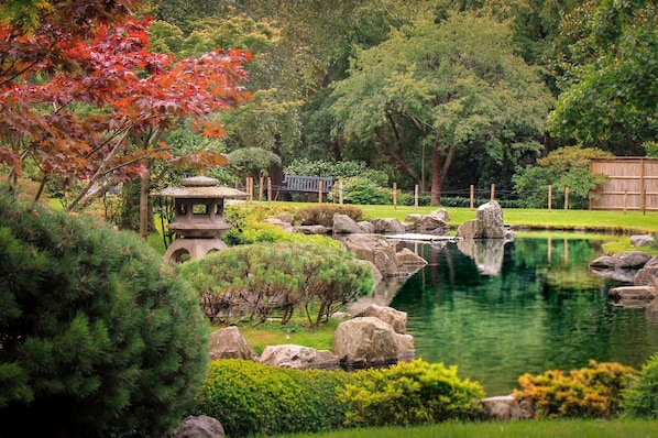 A tranquil garden with a pond, rock formations, and a traditional stone lantern.