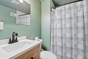 Shower, towels, soap, toilet paper