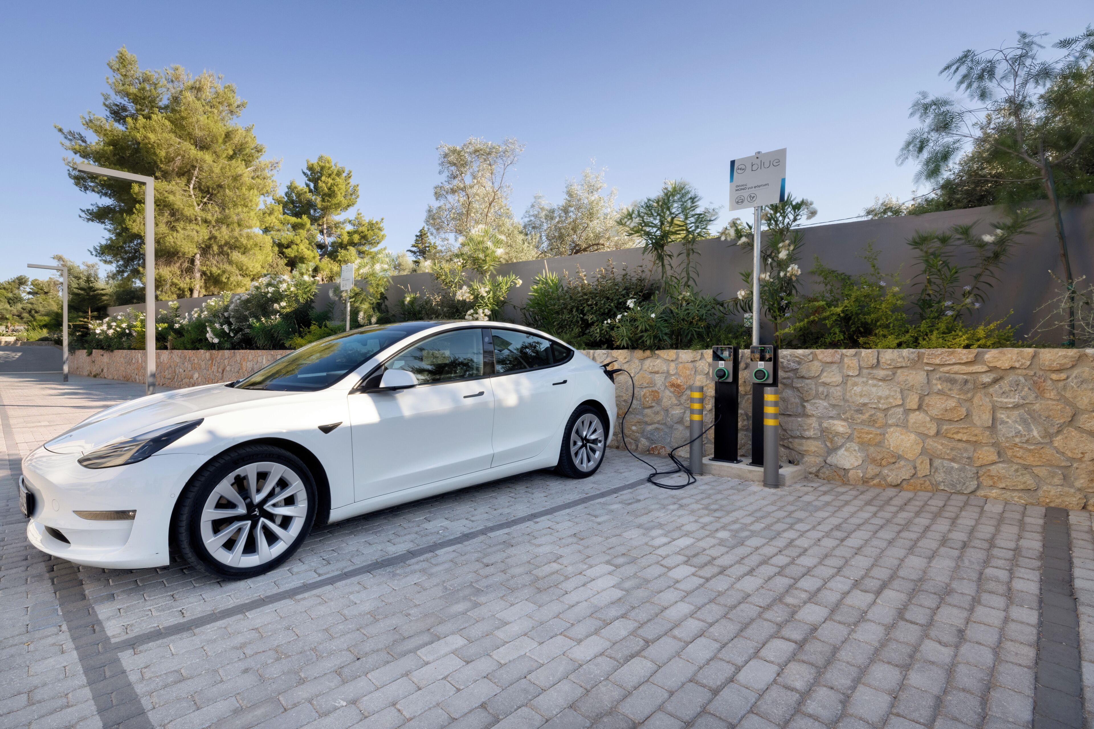 Un coche eléctrico blanco aparcado en una estación de carga, con un muro de piedra y vegetación al fondo.