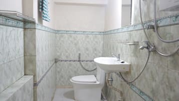 Shower, towels, toilet paper