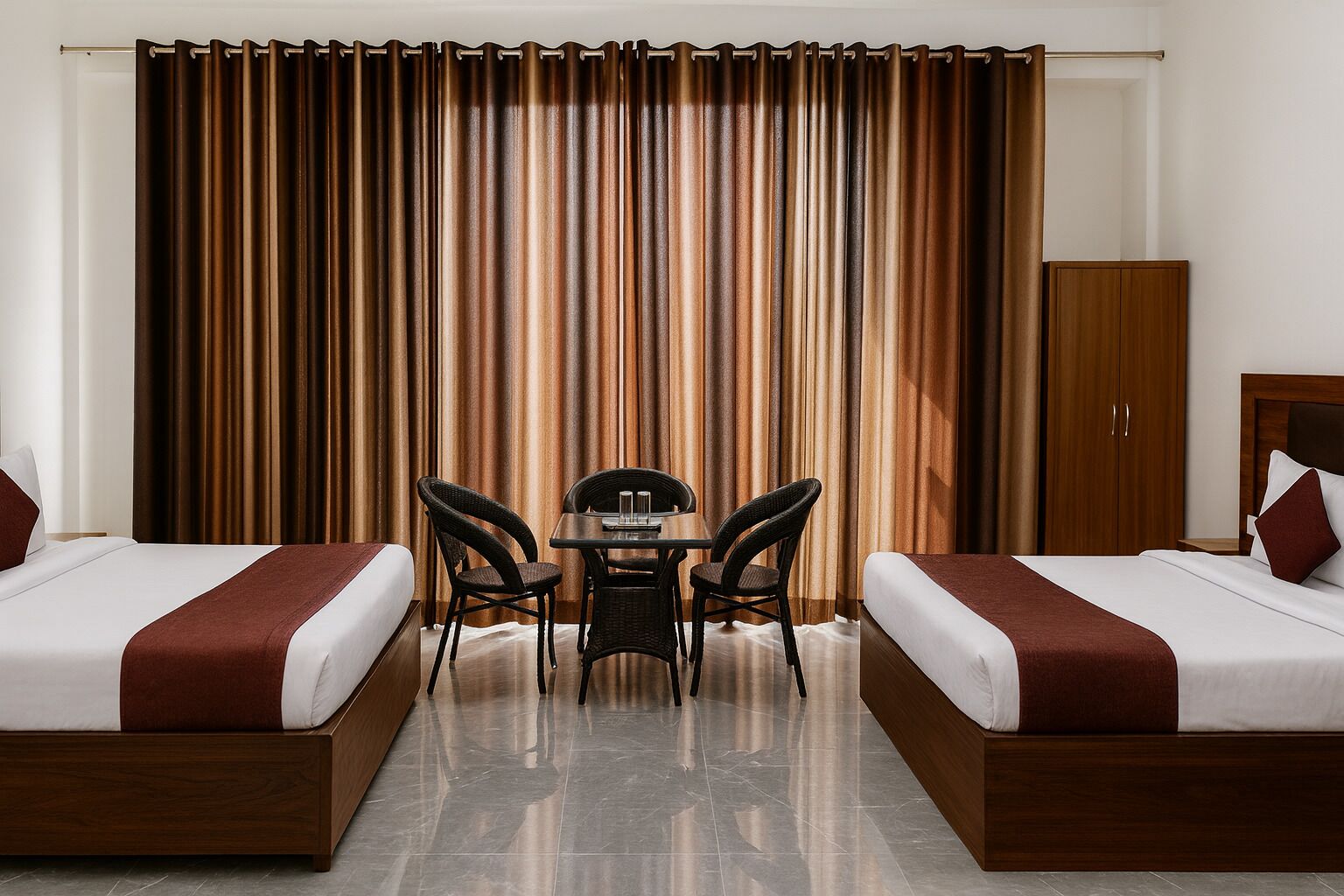 A hotel room with two beds, a dining table with chairs, and a wardrobe.