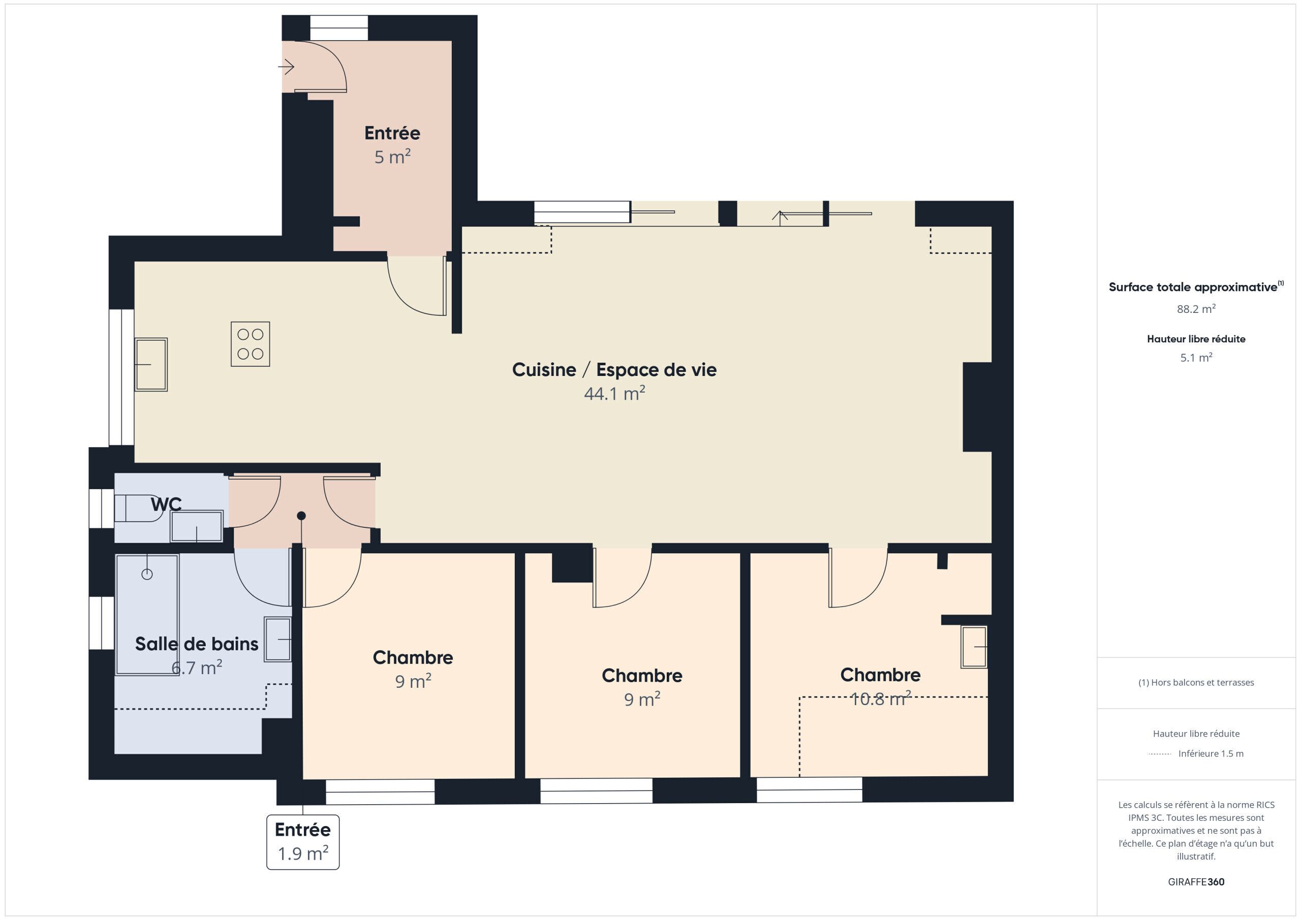Plànol d'una habitació d'hotel que inclou entrada, cuina americana, zona d'estar, bany i tres dormitoris.