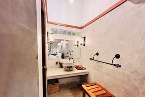 Shower, hair dryer, bidet, towels