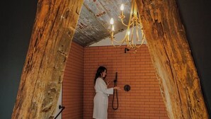 Una habitación con pared de ladrillo, una araña y una persona de pie en una escalera.