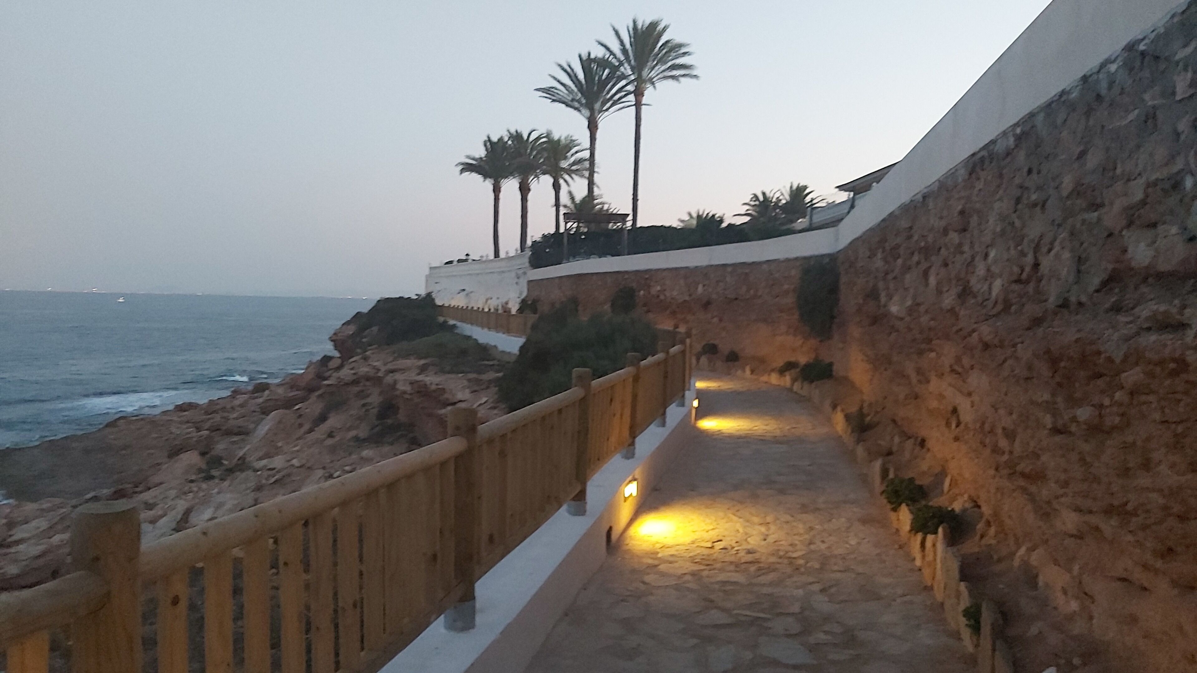 Un sendero de piedra que conduce a una playa con palmeras y una barandilla de madera.