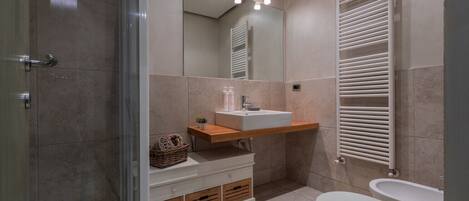 Shower, hair dryer, bidet, towels