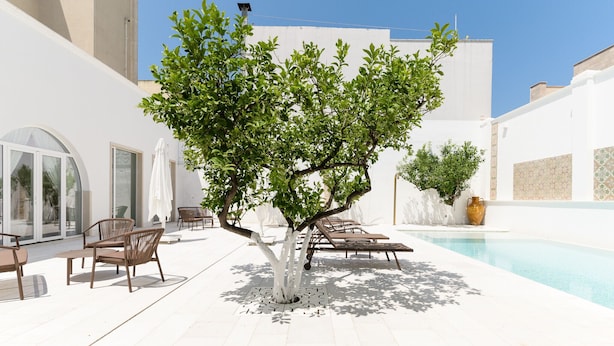 Zona junto a la piscina con un árbol, sillas de descanso y un edificio blanco.