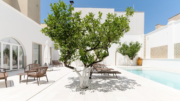 A poolside area with a tree, lounge chairs, and a white building. - Hydeout Luxury Suite - Botte 14 by Wonderful Italy (San Vito dei Normanni)