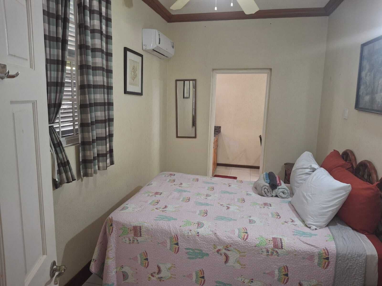 Een slaapkamer met een bed, een deur en een airconditioning.