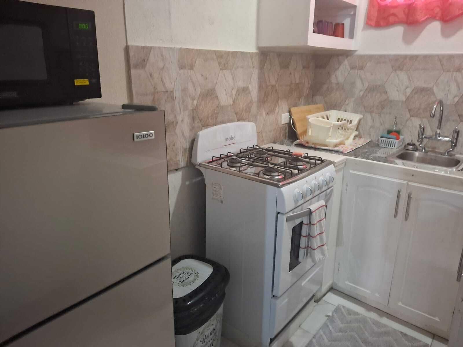A compact kitchen with a refrigerator, a gas stove, an oven, and a sink.