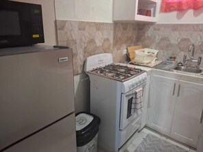 Een koelkast/vriezer, een magnetron, een oven, een kookplaat