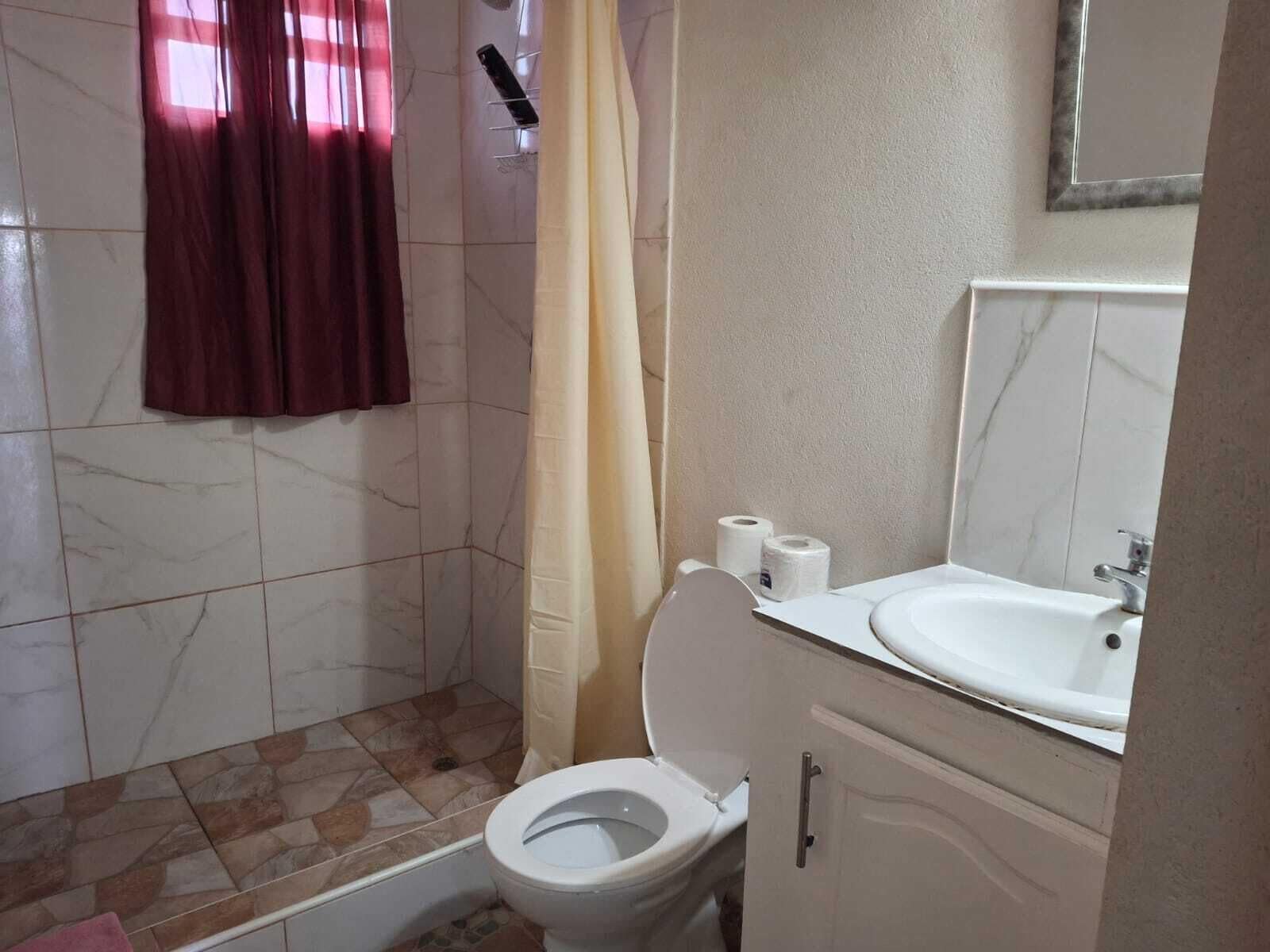 Un baño con inodoro, lavamanos y zona de ducha.