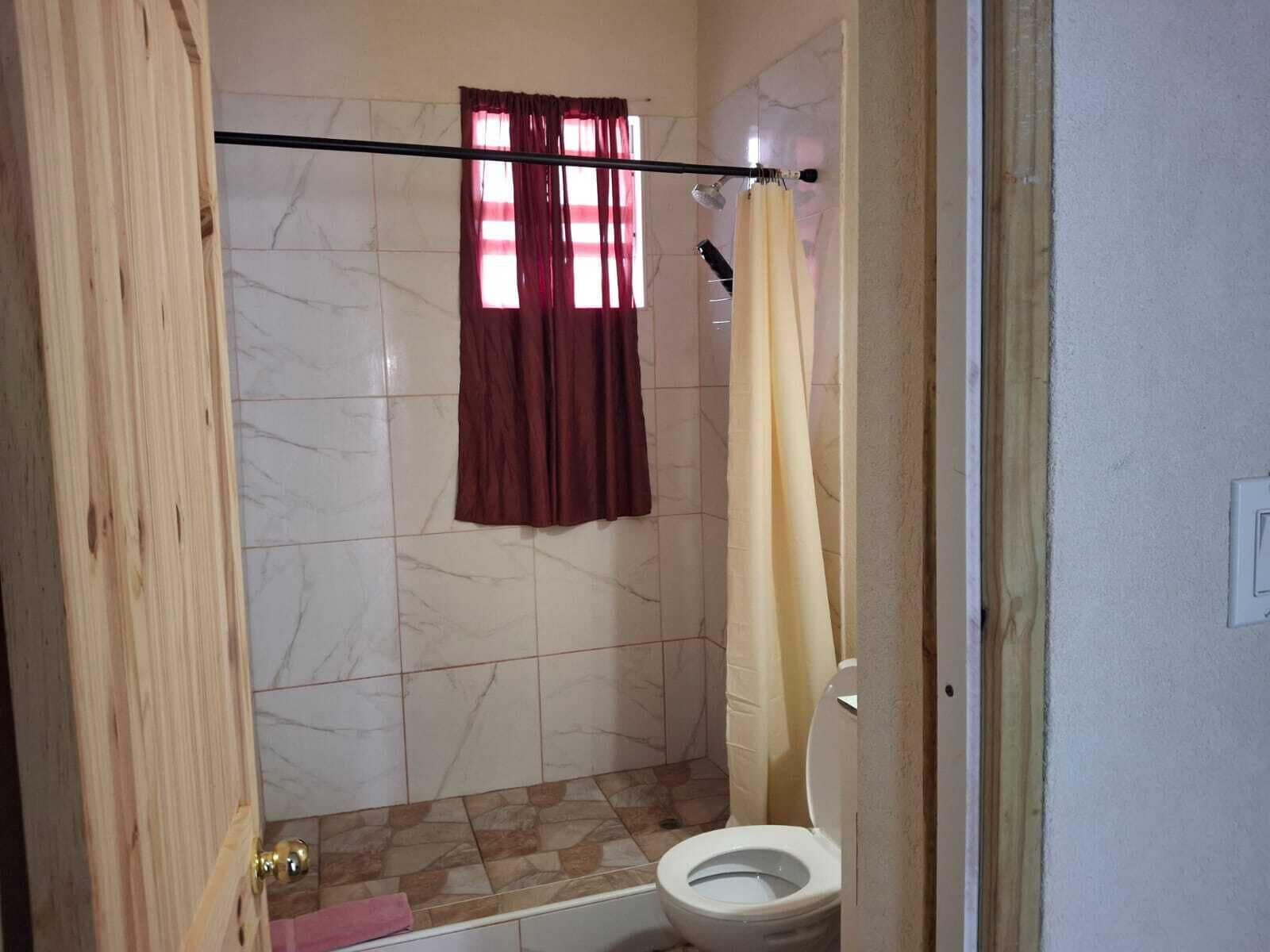 A bathroom with a toilet, a shower with a curtain, and a window with curtains.