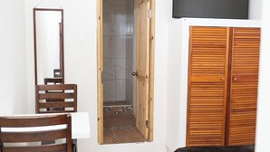 Une chambre comprenant un lit, une armoire en bois, une télévision, une chaise et un espace douche.