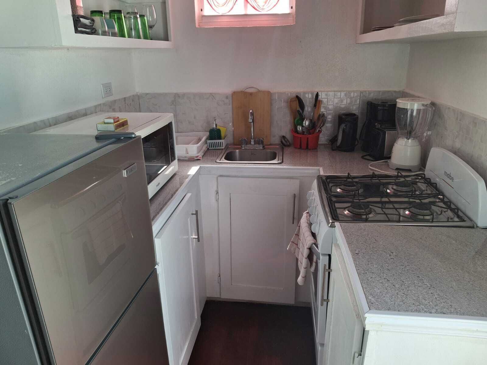 A compact kitchen with a refrigerator, microwave, sink, and stove.