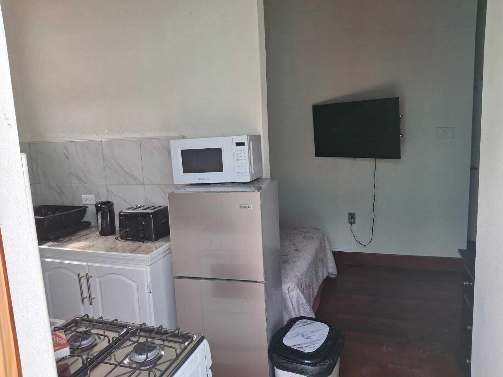 A compact kitchen with a gas stove, a microwave, and a refrigerator. A television is mounted on the wall.