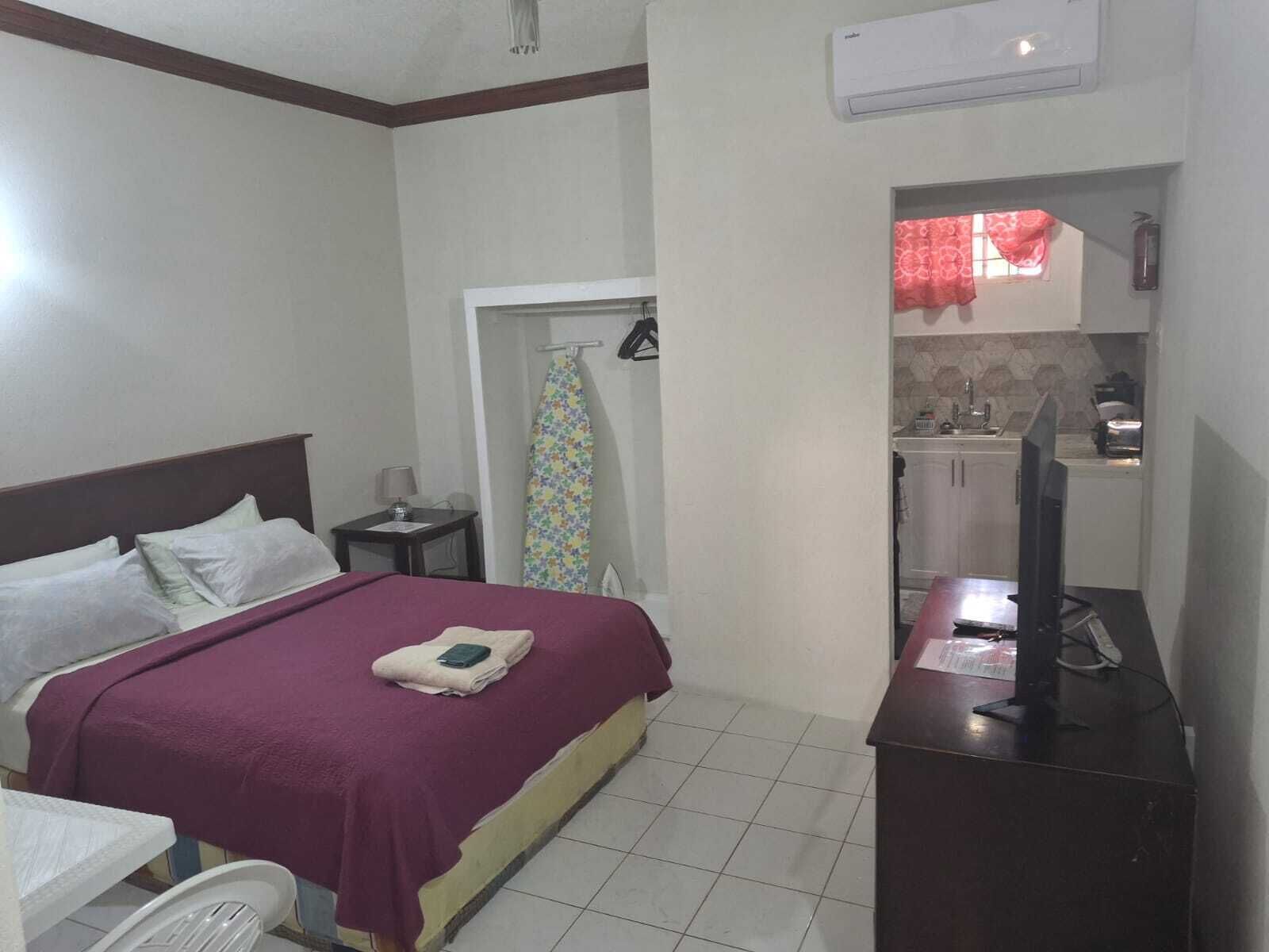 A hotel room with a bed, a desk, a television, and a kitchenette.