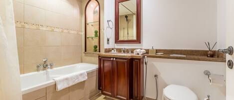 Hair dryer, towels, soap, shampoo