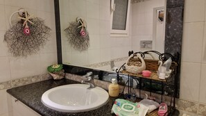 Hair dryer, towels, soap, toilet paper